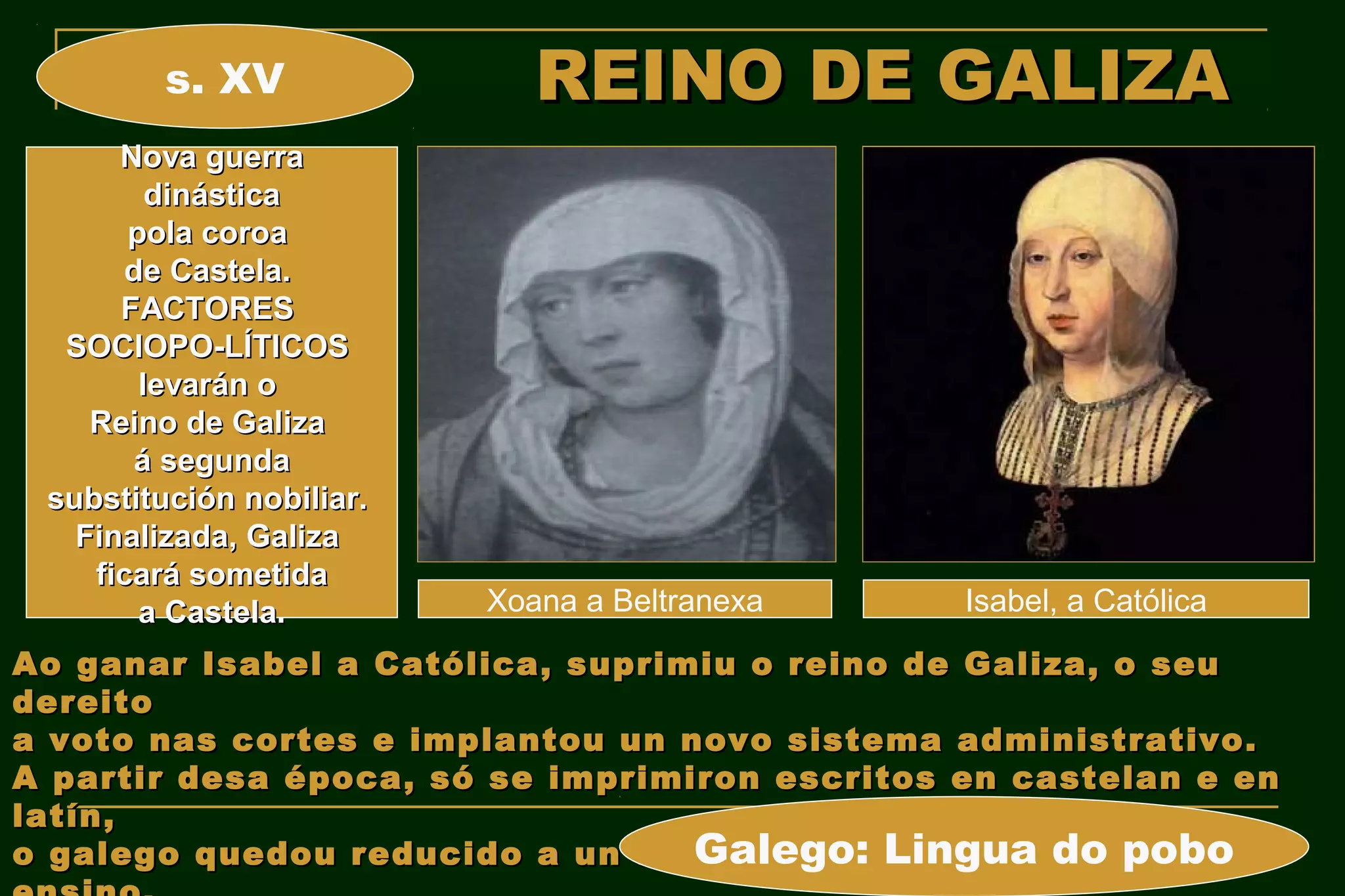 s. XV               REINO DE GALIZA
      Nova guerra
         dinástica
       pola coroa
      de Castela.
      FACTORES
  SOCIOPO-LÍTICOS
        levarán o
    Reino de Galiza
       á segunda
 substitución nobiliar.
   Finalizada, Galiza
    ficará sometida
        a Castela.        Xoana a Beltranexa   Isabel, a Católica
Ao ganar Isabel a Católica, suprimiu o reino de Galiza, o seu
dereito
a voto nas cortes e implantou un novo sistema administrativo.
A partir desa época, só se imprimiron escritos en castelan e en
latín,
                                  Galego: Lingua do pobo
o galego quedou reducido a un ámbito coloquial, apartado do
 