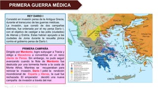 PRIMERA GUERRA MÉDICA
REY DARIO I
Consistió en invasión persa de la Antigua Grecia,
durante el transcurso de las guerras médicas.
La invasión, que constó de dos campañas
distintas, fue ordenada por el rey persa Darío I,
con el objetivo de castigar a las polis (ciudades)
de Atenas y Eretria. Estas habían apoyado a las
ciudades de Jonia durante la revuelta jónica
contra el gobierno persa de Darío I.
PRIMERA CAMPAÑA
Dirigido por Mardonio, logro subyugar a Tracia y
obligo a Macedonia a convertirse en un reino
cliente de Persia. Sin embargo, no pudo seguir
avanzando cuando la flota de Mardonio fue
destruida por una tormenta frente a la costa de
Monte Athos. Mientras se recuperaban para
reiniciar la invasión, Darío I pidió la rendición
incondicional de Esparta y Atenas, la cual fue
rechazada. El emperador decidió una nueva
campaña de invasión a través del mar.
Mg. LUIS A. PARRA BENAVIDES
 