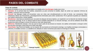 44
Fases de combate:
Las fases principales en las que se desarrollaba una batalla entre dos falanges rivales eran cinco:
1. Ephodos: en la primera fase los hoplitas, preparados ya para comenzar la batalla, dejan de cantar sus ‘paeanes‘ (himnos de
batalla) y avanzan hacia el enemigo
2. Krousis: las falanges rivales se encuentran unas con otras casi simultáneamente en todo el frente. Las ‘promachoe‘ (filas
delanteras) debían ser físicamente y psicológicamente entrenados para evitar vacilaciones. Por lo general ocupados por veteranos
que habían sobrevivido a varias batallas.
3. Doratismos: esta fase se caracteriza por una serie de ataques de lanza rápidos y en repetición con la intención de intentar romper
la formación enemiga. Si en un ataque fuerte la lanza quedaba atascada en un escudo enemigo, uno de los soldados de las filas
posteriores debía entregar su lanza al hombre en ese caso desarmado.
4. Othismos: literalmente ‘empuje’. Una vez que la mayor parte de las lanzas se rompían, los oplitas comenzaban a empujar contra
las escudos enemigos. Esta podía ser la fase más larga.
5. Pararrhexis: fase final de la batalla, con la creación de una brecha en la formación enemiga. Los hoplitas enemigos comenzaban a
retirarse y la batalla concluía. La caballería era utilizada en estos momentos para atacar al enemigo en retirada.
FASES DEL COMBATE
 