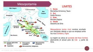 7
Mesopotamia
1. Norte
Montañas Armeniay Tauro
2. Sur
Golfo Pérsico
3. Este
Montes Zagros
4. Oeste
Desierto de Siria
Mesopotamia (entre ríos) nombre acuñado
por Heródoto debido a que se emplaza entre
los ríos Éufrates y Tigris.
La región se ubica al suroeste del Asia Central,
abarcando el actual país de Irak y parte de
Siria.
LIMITES
MY CAB (R) LUIS A. PARRA BENAVIDES
 