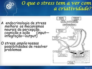 O que o stress tem a ver com
a criatividade?
A endocrinologia de stress
melhora os mecanismos
neurais da percepção,
cognição e ação (input—
integração—output)
O stress amplia nossas
possibilidades de resolver
problemas
 