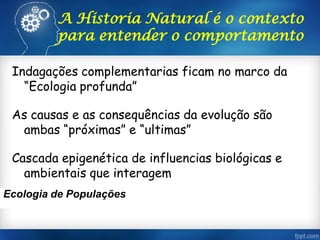 A Historia Natural é o contexto
para entender o comportamento
Indagações complementarias ficam no marco da
“Ecologia profunda”
As causas e as consequências da evolução são
ambas “próximas” e “ultimas”
Cascada epigenética de influencias biológicas e
ambientais que interagem
Ecologia de Populações
 