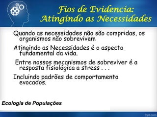 Fios de Evidencia:
Atingindo as Necessidades
Quando as necessidades não são compridas, os
organismos não sobrevivem
Atingindo as Necessidades é o aspecto
fundamental da vida.
Entre nossos mecanismos de sobreviver é a
resposta fisiológica a stress . . .
Incluindo padrões de comportamento
evocados.
Ecologia de Populações
 