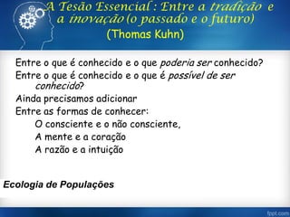 A Tesão Essencial : Entre a tradição e
a inovação (o passado e o futuro)
(Thomas Kuhn)
Entre o que é conhecido e o que poderia ser conhecido?
Entre o que é conhecido e o que é possível de ser
conhecido?
Ainda precisamos adicionar
Entre as formas de conhecer:
O consciente e o não consciente,
A mente e a coração
A razão e a intuição
Ecologia de Populações
 