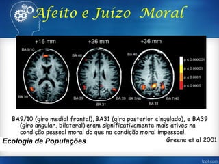 Afeito e Juízo Moral
BA9/10 (giro medial frontal), BA31 (giro posterior cingulado), e BA39
(giro angular, bilateral) eram significativamente mais ativos na
condição pessoal moral do que na condição moral impessoal.
Greene et al 2001Ecologia de Populações
 