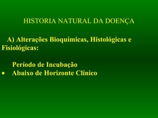 HISTORIA NATURAL DA DOENÇA
A) Alterações Bioquímicas, Histológicas e
Fisiológicas:
Período de Incubação
• Abaixo de Horizonte Clínico
 