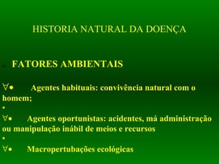 HISTORIA NATURAL DA DOENÇA
a) FATORES AMBIENTAIS
∀• Agentes habituais: convivência natural com o
homem;
•
∀• Agentes oportunistas: acidentes, má administração
ou manipulação inábil de meios e recursos
•
∀• Macropertubações ecológicas
 