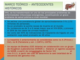 MARCO TEÓRICO – ANTECEDENTES
HISTÓRICOS
VHC, se ha transformado en uno de los principales problemas de
enfermedades infecciosas emergentes, constituyendo un grave
problema de salud pública a nivel mundial.
 Se estima una prevalencia global de aproximadamente 3 % (170
millones de personas).
• Es en promedio la quinta causa de muerte en el mundo.
• Su incidencia es de 3 a 4 veces mayor que el VIH-SIDA, y provoca
el 35% de los casos de cirrosis hepática.
• Así como del 40% de indicaciones de trasplante de hígado en una
población cuya edad promedio es 46 años
• La hepatitis C anteriormente se consideraba como no A (Prince y
Col), no B (Feinstone y col. ) (1974 y 1975).
• Un equipo de Bradley (CDC Atlanta) en colaboración con un grupo
de Houghton (Laboratorios CHIRON ): Aislaron un agente causante
de NANB, a partir de concentrados de factor VIII
el
clon 5-1-1, a partir del cual se determino la casi totalidad de la
secuencia del genoma viral.

 