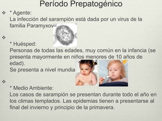 Período Prepatogénico
 * Agente:
La infección del sarampión está dada por un virus de la
familia Paramyxoviridae.

* Huésped:
Personas de todas las edades, muy común en la infancia (se
presenta mayormente en niños menores de 10 años de
edad).
Se presenta a nivel mundial.

* Medio Ambiente:
Los casos de sarampión se presentan durante todo el año en
los climas templados. Las epidemias tienen a presentarse al
final del invierno y principio de la primavera.
 