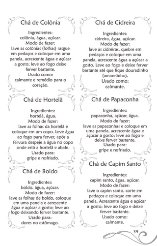 39
Chá de Colônia
Ingredientes:
colônia, água, açúcar.
Modo de fazer:
lave as colônias (folhas) rasgue
em pedaços e coloque em uma
panela, acrescente água e açúcar
a gosto; leve ao fogo deixe
ferver bastante.
Usado como:
calmante e remédio para o
coração.
Chá de Hortelã
Ingredientes:
hortelã, água.
Modo de fazer:
lave as folhas da hortelã e
coloque em um copo. Leve água
ao fogo para ferver, após a
fervura despeje a água no copo
onde está a hortelã e abafe.
Usado para:
gripe e resfriado.
Chá de Papaconha
Ingredientes:
papaconha, açúcar, água.
Modo de fazer:
lave as papaconhas e coloque em
uma panela, acrescente água e
açúcar a gosto; leve ao fogo e
deixe ferver bastante.
Usado para:
gripe e resfriado.
Chá de Boldo
Ingredientes:
boldo, água, açúcar.
Modo de fazer:
lave as folhas de boldo, coloque
em uma panela e acrescente
água e açúcar a gosto; leve ao
fogo deixando ferver bastante.
Usado para:
dores no estômago.
Chá de Capim Santo
Ingredientes:
capim santo, água, açúcar.
Modo de fazer:
lave o capim santo, corte em
pedaços e coloque em uma
panela. Acrescente água e açúcar
a gosto; leve ao fogo e deixe
ferver bastante.
Usado como:
calmante.
Chá de Cidreira
Ingredientes:
cidreira, água, açúcar.
Modo de fazer:
lave as cidreiras, quebre em
pedaços e coloque em uma
panela, acrescente água a açúcar a
gosto. Leve ao fogo e deixe ferver
bastante até que fique douradinho
(amarelinho).
Usado como:
calmante.
 