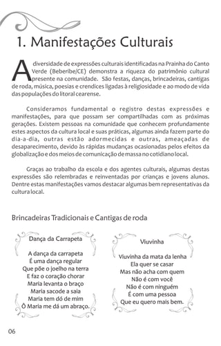 Dança da Carrapeta
A dança da carrapeta
É uma dança regular
Que põe o joelho na terra
E faz o coração chorar
Maria levanta o braço
Maria sacode a saia
Maria tem dó de mim
Ô Maria me dá um abraço.
diversidadede expressõesculturaisidentificadasnaPrainhado Canto
Verde (Beberibe/CE) demonstra a riqueza do patrimônio cultural
Apresente na comunidade. São festas, danças, brincadeiras, cantigas
de roda, música, poesias e crendices ligadas à religiosidade e ao modo de vida
daspopulaçõesdolitoralcearense.
Consideramos fundamental o registro destas expressões e
manifestações, para que possam ser compartilhadas com as próximas
gerações. Existem pessoas na comunidade que conhecem profundamente
estes aspectos da cultura local e suas práticas, algumas ainda fazem parte do
dia-a-dia, outras estão adormecidas e outras, ameaçadas de
desaparecimento, devido às rápidas mudanças ocasionadas pelos efeitos da
globalizaçãoedosmeiosdecomunicaçãodemassanocotidianolocal.
Graças ao trabalho da escola e dos agentes culturais, algumas destas
expressões são relembradas e reinventadas por crianças e jovens alunos.
Dentre estas manifestações vamos destacar algumas bem representativas da
culturalocal.
Brincadeiras Tradicionais e Cantigas de roda
1. Manifestações Culturais
Viuvinha
Viuvinha da mata da lenha
Ela quer se casar
Mas não acha com quem
Não é com você
Não é com ninguém
É com uma pessoa
Que eu quero mais bem.
06
 