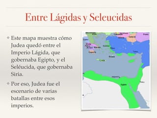 Entre Lágidas y Seleucidas
❖ Este mapa muestra cómo
Judea quedó entre el
Imperio Lágida, que
gobernaba Egipto, y el
Seléucida, que gobernaba
Siria.
❖ Por eso, Judea fue el
escenario de varias
batallas entre esos
imperios.
 