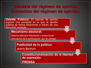 Debate Público: El régimen de opinión
supone una sociedad en la que la opinión
pública se forma libremente a través de una
discusión racional.
Mecanismo electoral:
Sistema electoral: Mayoritario o proporcional
Articulación de la participación: tipo de sufragio
Publicidad de lo político:
Jeremy Bentham
Constitucionalización de la libertad
de expresión
PRENSA
 