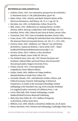 o uso da história oral no estudo sobre as classes populares em portugal 	 62
Referências Bibliográficas
	»	 Andrieu, Claire. 1997. «Les résistantes, perspectives de recherche»,
Le Mouvement Social, nº 180, Julho/Setembro, pp.69–96. 
	»	 Baker, Alison. 1996. «History and Myth: Women’s Stories of the
Moroccan Resistance», Oral History, vol. 24, nº 1, pp. 68–78.
	»	 Barradas, Ana. 2004. As Clandestinas, Lisboa: Ela por Ela.
	»	 Blok, Anton. 1992. «Reflections on ‘making history» In Other
Histories, (ed) K. Hastrup, London/New York: Routledge, 121–127.
	»	 Bourdieu, Pierre. 2002. Esboço de uma Teoria da Prática, Oeiras: Celta.
	»	 Connerton, Paul. 1993. Como as Sociedades Recordam, Oeiras: Celta.
	»	 Crane, Susan. 1997. «Writing the Individual Back into Collective Memory»,
The American Historical Association Review, vol. 102, nº 5, 1372–1385.
	»	 Ferreira, Sónia. 2007. «Mulheres: um “objecto” nas entrelinhas
da história», Arquivos da Memória, 1 (nova série), CEEP – http://
localhost/CEEP/ArquivosdaMemorianovaserie1.php, 5–21.
	»	 Ferreira, Sónia. 2010. A Fábrica e a Rua. Resistência
Operária em Almada, Castro Vede: Ed. 100 Luz.
	»	 Fox, Richard. Starn, Orin, eds. 1997. Between Resistance and
Revolution. Cultural Politics and Social Protest, New Brunswick/
New Jersey/London: Rutgers University Press.
	»	 Freitas, Gina de. 1975. A Força Ignorada das
Companheiras, Porto: Plátano Editora.
	»	 Gorjão, Vanda. 2002. Mulheres em Tempos Sombrios.
Oposição feminina ao Estado Novo, Lisboa: ICS.
	»	 Leonardo, Micaela. 1991. «Introduction: Gender, Culture, and
Political Economy. Feminist Anthropology in Historical
Perspective». In Gender at the Crossroads of Knowledge: Feminist
Anthropology in the Postmodern Era, org. M di Leonardo, Berkeley/
Los Angeles/London: University of California Press, 1–48.
	»	 Lewin, Ellen (ed). 2006. Feminist Anthropology: a reader,
Malden/Oxford/Victoria: Blackwell Publishing.
	»	 Melo, Rose Nery Nobre de. 1975. Mulheres Portuguesas
na Resistência, Lisboa: Seara Nova.
	»	 Milheiro, Luís. 2000. Almada e a Resistência Antifascista, ed. de autor.
	»	 Moore, Henrietta. 1993. Feminism and Anthropology, Cambridge: Polity Press.
 