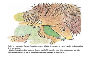 Todas as vezes que o Ouriço Carrapiço passava à beira do charco e se via ao espelho na água quieta,
dava um suspiro:
- Ai, ai!... Estes picos são a vergonha do meu focinho! Quem olha para mim, há-de pensar que não
costumo pentear-me, ou que vi bicho-homem e se me puseram os bicos em pé…
 