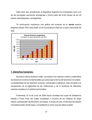 Cabe decir que, actualmente, la República Argentina es considerada como una
de las principales economías emergentes y forma parte del G-20 (Grupo de los 20
países industrializados y emergentes).


        *A continuación mostramos una gráfica del aumento de la deuda externa
Argentina desde 1970 hasta 2000, en el cual podemos observar un gran crecimiento de
ésta.




7. Derechos humanos:

        Durante la última dictadura militar, se practicó una violación masiva y sistemática
de derechos humanos fundamentales que actúo bajo la forma del terrorismo de estado.
La problemática de los derechos humanos, individuales y colectivos, está vinculada a la
recuperación de la legitimidad de las instituciones y de la confianza de diferentes
sectores sociales en el sistema democrática.


        Finalmente, el 14 de Junio de 2005 fueron anuladas las Leyes de Obediencia
Debida y Punto Final, las cuales exculpaban a muchos de los militares de rango
inferior, participantes del terrorismo de Estado. A través de esto, el alto tribunal declaró
inconstitucionales dichas leyes, convalidando la norma que las había anulado.


                                            12
 