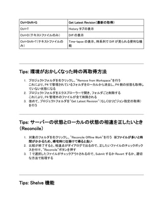 Ctrl+Shift+G Get Latest Revision（最新の取得）
Ctrl+T History タブの表示
Ctrl+D（テキストファイルのみ） Diff の表示
Ctrl+Shift+T（テキストファイルの
み）
Time-lapse の表示。時系列で Diff が見られる便利な機
能
Tips: 環境がおかしくなった時の再取得方法
1. プロジェクトフォルダを右クリックし、”Remove from Workspace”を行う
これにより、P4 で管理されているフォルダをローカルから消去し、P4 側の状態も取得し
ていない状態になる
2. プロジェクトフォルダをエクスプローラーで開き、フォルダごと削除する
これにより、P4 管理外のファイルが全て削除される
3. 改めて、プロジェクトフォルダを"Get Latest Revision"（もしくはリビジョン指定の取得）
を行う
Tips: サーバーの状態とローカルの状態の相違を正したいとき
（Reconcile）
1. 対象のフォルダを右クリックし、"Reconcile Offline Work"を行う ※ファイルが多いと時
間がかかるため、帰宅時に仕掛けて帰ると良い
2. 比較が終了すると、相違点がダイアログで出るので、正したいファイルのチェックボック
スを付け、"Reconcile"ボタンを押す
3. ↑で選択したファイルがチェックアウトされるので、Submit するか Revert するか、適切
な方法で処理する
Tips: Shelve 機能
 