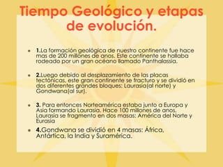 Tiempo Geológico y etapas de evolución.1.La formación geológica de nuestro continente fue hace mas de 200 millones de anos. Este continente se hallaba rodeado por un gran océano llamado Panthalassia.2.Luego debido al desplazamiento de las placas tectónicas, este gran continente se fracturo y se dividió en dos diferentes grandes bloques: Laurasia(al norte) y Gondwana(al sur).3. Para entonces Norteamérica estaba junto a Europa y Asia formando Laurasia. Hace 100 millones de anos, Laurasia se fragmento en dos masas: América del Norte y Eurasia4.Gondwana se dividió en 4 masas: África, Antártica, la India y Suramérica.