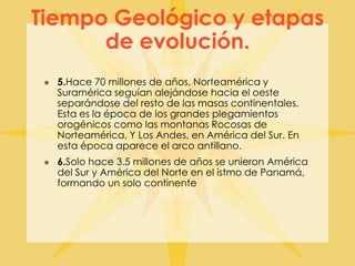 Tiempo Geológico y etapas de evolución.5.Hace 70 millones de años, Norteamérica y Suramérica seguían alejándose hacia el oeste separándose del resto de las masas continentales. Esta es la época de los grandes plegamientos orogénicos como las montanas Rocosas de Norteamérica, Y Los Andes, en América del Sur. En esta época aparece el arco antillano.6.Solo hace 3.5 millones de años se unieron América del Sur y América del Norte en el istmo de Panamá, formando un solo continente