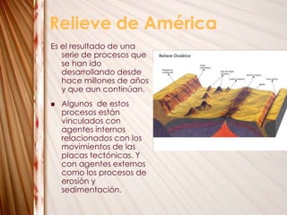 Relieve de AméricaEs el resultado de una serie de procesos que se han ido desarrollando desde hace millones de años y que aun continúan.Algunos  de estos procesos están vinculados con agentes internos relacionados con los movimientos de las placas tectónicas. Y con agentes externos como los procesos de erosión y sedimentación.