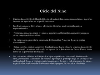 Ciclo del NiñoCuando la corriente de Humboldt esta alejada de las costas ecuatorianas  mayor es la masa de agua tibia en el perfil costanero. 