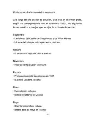 Costumbres y tradiciones de los mexicanos


A lo largo del año escolar se estudian, igual que en el primer grado,
según su correspondencia con el calendario cívico, los siguientes
temas referidos a pasajes y personajes de la historia de México:


Septiembre
· La defensa del Castillo de Chapultepec y los Niños Héroes
· Inicio de la lucha por la independencia nacional


Octubre
· El arribo de Cristóbal Colón a América


Noviembre
· Inicio de la Revolución Mexicana


Febrero
· Promulgación de la Constitución de 1917
· Día de la Bandera Nacional


Marzo
· Expropiación petrolera
· Natalicio de Benito de Juárez


Mayo
· Día internacional del trabajo
· Batalla del 5 de mayo en Puebla

                                     10
 