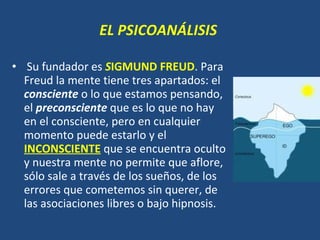 EL PSICOANÁLISIS     Su fundador es  S IGMUND FREUD . Para Freud la mente tiene tres apartados: el  consciente  o lo que estamos pensando, el  preconsciente  que es lo que no hay en el consciente, pero en cualquier momento puede estarlo y el  INCONSCIENTE  que se encuentra oculto y nuestra mente no permite que aflore, sólo sale a través de los sueños, de los errores que cometemos sin querer, de las asociaciones libres o bajo hipnosis.  