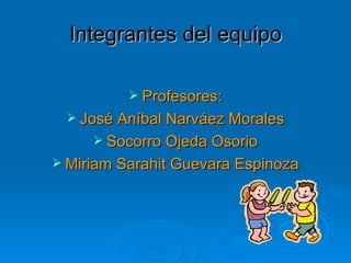 Integrantes del equipo Profesores: José Aníbal Narváez Morales Socorro Ojeda Osorio Miriam Sarahit Guevara Espinoza 