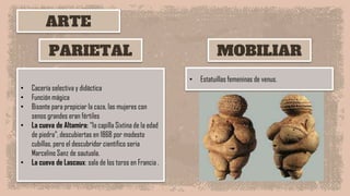 ARTE
• Cacería selectiva y didáctica
• Función mágica
• Bisonte para propiciar la caza, las mujeres con
senos grandes eran fértiles
• La cueva de Altamira: “la capilla Sixtina de la edad
de piedra”, descubiertas en 1868 por modesto
cubillas, pero el descubridor científico seria
Marcelino Sanz de sautuola.
• La cueva de Lascaux: sala de los toros en Francia .
• Estatuillas femeninas de venus.
PARIETAL MOBILIAR
 