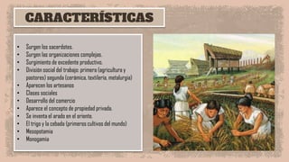 CARACTERÍSTICAS
• Surgen los sacerdotes.
• Surgen las organizaciones complejas.
• Surgimiento de excedente productivo.
• División social del trabajo: primera (agricultura y
pastores) segunda (cerámica, textilería, metalurgia)
• Aparecen los artesanos
• Clases sociales
• Desarrollo del comercio
• Aparece el concepto de propiedad privada.
• Se inventa el arado en el oriente.
• El trigo y la cebada (primeros cultivos del mundo)
• Mesopotamia
• Monogamia
 