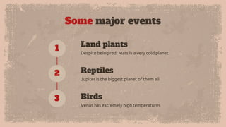Some major events
Venus has extremely high temperatures
Birds
Jupiter is the biggest planet of them all
Reptiles
Despite being red, Mars is a very cold planet
Land plants
1
2
3
 