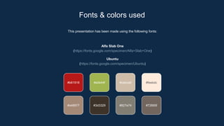 This presentation has been made using the following fonts:
Alfa Slab One
(https://fonts.google.com/specimen/Alfa+Slab+One)
Ubuntu
(https://fonts.google.com/specimen/Ubuntu)
#b61918 #a0b44f #cebca9
Fonts & colors used
#feebdc
#3d3329 #827e74 #72665f
#a48977
 