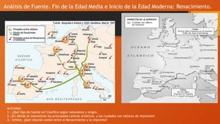 Análisis de Fuente. Fin de la Edad Media e Inicio de la Edad Moderna: Renacimiento.
Actividad.
1.- ¿Qué tipo de fuente es? Clasifica según naturaleza y origen.
2.-¿En dónde se concentran los principales centros artísticos, y las ciudades con talleres de impresión?
3.- Infiere, ¿Qué relación existe entre el Renacimiento y la imprenta?
 