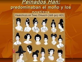 Peinados Han:Peinados Han:
predominaban el moño y lospredominaban el moño y los
postizospostizos
 