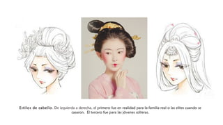 Estilos de cabello. De izquierda a derecha, el primero fue en realidad para la familia real o las elites cuando se
casaron. El tercero fue para las jóvenes solteras.
 