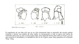 El surgimiento de una élite civil que ya no vivía únicamente bajo la aspiración del servicio judicial
comenzó a formar una estética de clase media, en consecuencia se creó un gorro civil hecho de
materiales aptos para un civil, en tela o gasa negra, pero logrando formas altas como un Guan, a la vez
que conserva la comodidad y la facilidad de usar un Jin o gorra suave. Muy populares en la Dinastía
Tang – Song.
 