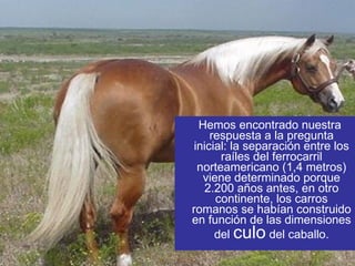 Hemos encontrado nuestra respuesta a la pregunta inicial: la separación entre los raíles del ferrocarril norteamericano (1,4 metros) viene determinado porque 2.200 años antes, en otro continente, los carros romanos se habían construido en función de las dimensiones del  culo  del caballo. 