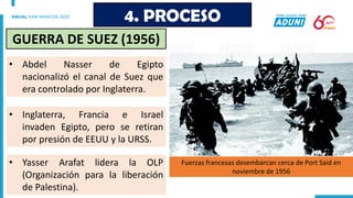 • Abdel Nasser de Egipto
nacionalizó el canal de Suez que
era controlado por Inglaterra.
• Inglaterra, Francia e Israel
invaden Egipto, pero se retiran
por presión de EEUU y la URSS.
4. PROCESO
GUERRA DE SUEZ (1956)
• Yasser Arafat lidera la OLP
(Organización para la liberación
de Palestina).
Fuerzas francesas desembarcan cerca de Port Said en
noviembre de 1956
 