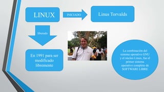 LINUX INICIADO Linus Torvalds
liberado
En 1991 para ser
modificado
libremente
La combinación del
sistema operativo GNU
y el núcleo Linux, fue el
primer sistema
operativo completo de
SOFTWARE LIBRE
 