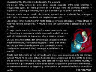 -¡Aaaaaahhhhh!-Un grito invadió la noche fría y oscura.
Era de un niño, Arturo de siete años. Estaba atrapado entre unos enormes y
repugnantes ogros. Se había perdido en un bosque lleno de animales extraños y
asquerosos. Un bosque inmenso, en el que si entrabas ya no podías salir de él.
Iba a ser media noche cuando, de repente, apareció un ser malvado. Era un mago a
quien todos temían ya que tenía una magia muy potente.
Los ogros al ver al mago, huyeron hasta desaparecer entre el bosque. El mago atrapó al
niño y se lo llevó a su guarida. A Arturo le latía tan rápidamente el corazón que le iba a
estallar.
El mago quería matarlo, y lo encerró primero pero un día tuvo
un descuido y la jaula donde estaba encerrado se abrió. Arturo,
salió silenciosamente de la guarida, y fue a parar al bosque.
Una vez allí Arturo estaba tan cansado que se quedó dormido.
Al cabo de un rato, se despertó de golpe al sentir a un animal
extraño que lo estaba olfateando, para comérselo, Arturo
rápidamente se subió al árbol, hasta que aquella bestia se
marchó.
Al rato bajó del árbol y se fue corriendo. A lo lejos, vio a un anciano, éste era el mago
aunque Arturo no lo sabía; estuvo hablando con él, hasta que se dio cuenta de quién
era. Lo llevó otra vez a la guarida, pero esta vez vio que había un hombre muerto, y
otro niño más para matarlo. Arturo quiso salvar a aquel niño, pero en ese momento…
Justo en ese momento, se despertó y se dio cuenta, de que todo había sido un maldito
sueño.                                                                   Pilar Ramos
 