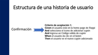 Estructura de una historia de usuario
Confirmación
 