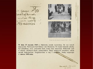 D z ie c i n a t le s z k o ły w la t a c h 1 9 4 5 - 1 9 4 6


W dniu 19 stycznia 1945 r. Dąbrówka została wyzwolona. Do wsi wrócili
nauczyciele. Pierwszymi byli Helena i Jan Okoniowie. Po wojnie budynek szkolny
był zaniedbany, m.in.: przeciekał dach, ściany były zniszczone. Brakowało szyb
w oknach, szkolnych ławek, podręczników. Mimo niełatwych warunków, szkoła
zaczęła funkcjonować. Zorganizowano w niej 5 oddziałów. Naukę rozpoczęto
w marcu 1945 roku.
 