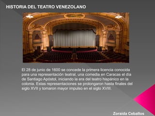 HISTORIA DEL TEATRO VENEZOLANO
Zoraida Ceballos
El 28 de junio de 1600 se concede la primera licencia conocida
para una representación teatral, una comedia en Caracas el día
de Santiago Apóstol, iniciando la era del teatro hispánico en la
colonia. Estas representaciones se prolongaron hasta finales del
siglo XVII y tomaron mayor impulso en el siglo XVIII.
 