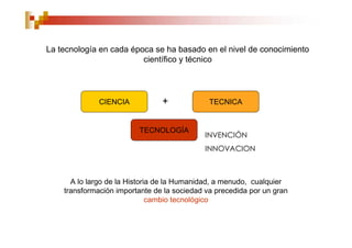 La tecnología en cada época se ha basado en el nivel de conocimiento
                         científico y técnico




              CIENCIA           +             TECNICA


                         TECNOLOGÍA
                                            INVENCIÓN
                                            INNOVACION



      A lo largo de la Historia de la Humanidad, a menudo, cualquier
    transformación importante de la sociedad va precedida por un gran
                              cambio tecnológico
 