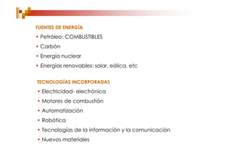 FUENTES DE ENERGÍA
• Petróleo: COMBUSTIBLES
• Carbón
• Energía nuclear
• Energías renovables: solar, eólica, etc


TECNOLOGÍAS INCORPORADAS
• Electricidad- electrónica
• Motores de combustión
• Automatización
• Robótica
• Tecnologías de la información y la comunicación
• Nuevos materiales
 