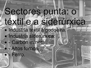 Sectores punta: o téxtil e a siderúrxica  · Industria téxtil algodoeira.  · Industria siderúrxica:  · - Carbón mineral.  · - Altos fornos.  · - Ferro.  