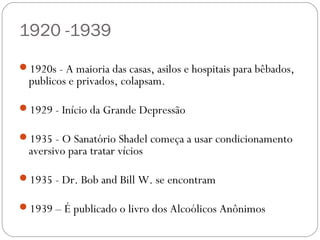 1920 -1939
1920s - A maioria das casas, asilos e hospitais para bêbados,
  publicos e privados, colapsam.

1929 - Início da Grande Depressão

1935 - O Sanatório Shadel começa a usar condicionamento
  aversivo para tratar vícios

1935 - Dr. Bob and Bill W. se encontram

1939 – É publicado o livro dos Alcoólicos Anônimos
 