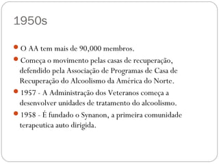 1950s

O AA tem mais de 90,000 membros.
Começa o movimento pelas casas de recuperação,
 defendido pela Associação de Programas de Casa de
 Recuperação do Alcoolismo da América do Norte.
1957 - A Administração dos Veteranos começa a
 desenvolver unidades de tratamento do alcoolismo.
1958 - É fundado o Synanon, a primeira comunidade
 terapeutica auto dirigida.
 