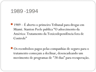 1989 -1994

1989 – É aberto o primeiro Tribunal para drogas em
 Miami. Stanton Peele publica “O adoecimento da
 América: Tratamento da Toxicodependência fora de
 Controle”

Os reembolsos pagos pelas companhias de seguro para o
 tratamento começam a declinar, desencadeando um
 movimento de programas de "28 dias” para recuperação.
 
