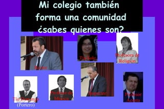 Mi colegio también forma una comunidad ¿sabes quienes son? Rector Tía Sole Profesora de Religión Profesor de Música Inspector Tío Domingo (Portero) Profesor Acosta